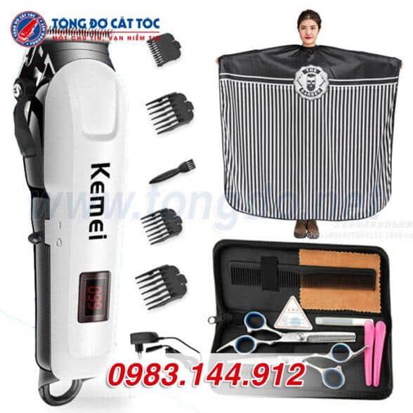 Combo Tông đơ Kemei Km-809A: Tông đơ + kéo cắt + kéo tỉa + áo choàng + lược + 2 kẹp tóc + bao da