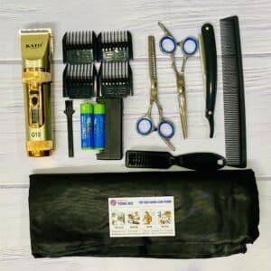 Combo G10-02 lưỡi thép: Tông đơ + kéo cắt + kéo tỉa + áo choàng + lược + chổi phủi + dao cạo