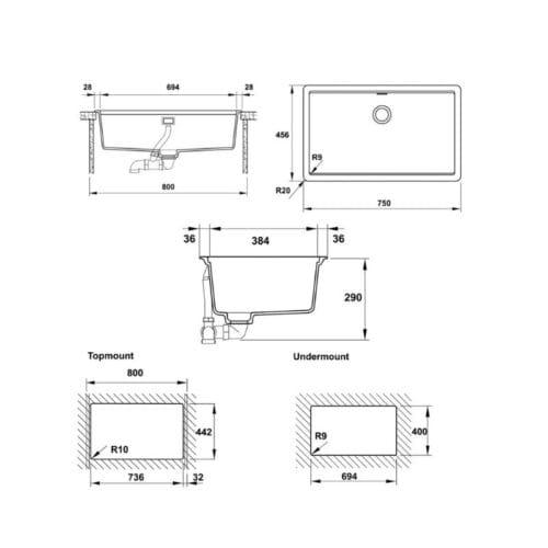 Chậu rửa bát đá Hafele HS20-GEN1S80 570.30.300 - 1 hố to 6 kích thước của Chậu rửa bát đá Hafele HS20-GEN1S80 570.30.300