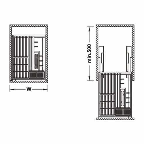 Kích thước bộ rổ kéo đa năng cho tủ dưới Rome Hafele 549.34.053, rộng 300