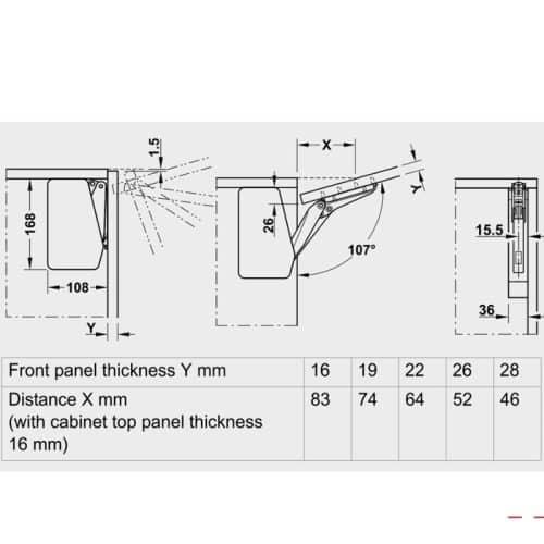 Bộ tay nâng FREE FLAP 1.7 Hafele 493.05.830 nắp xám 9 Kích thước bộ tay nâng FREE FLAP 1.7 Hafele 493.05.830 nắp xám