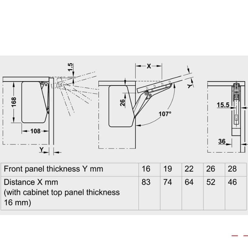 Kích thước bộ tay nâng FREE FLAP 1.7 Hafele 493.05.830 nắp xám Kích thước bộ tay nâng FREE FLAP 1.7 Hafele 493.05.830 nắp xám