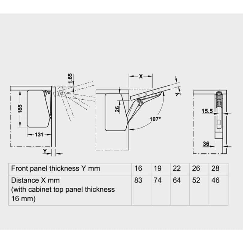 Kích thước bộ tay nâng FREE FLAP 3.15 Hafele 493.05.860 nắp xám Kích thước bộ tay nâng FREE FLAP 3.15 Hafele 493.05.860 nắp xám