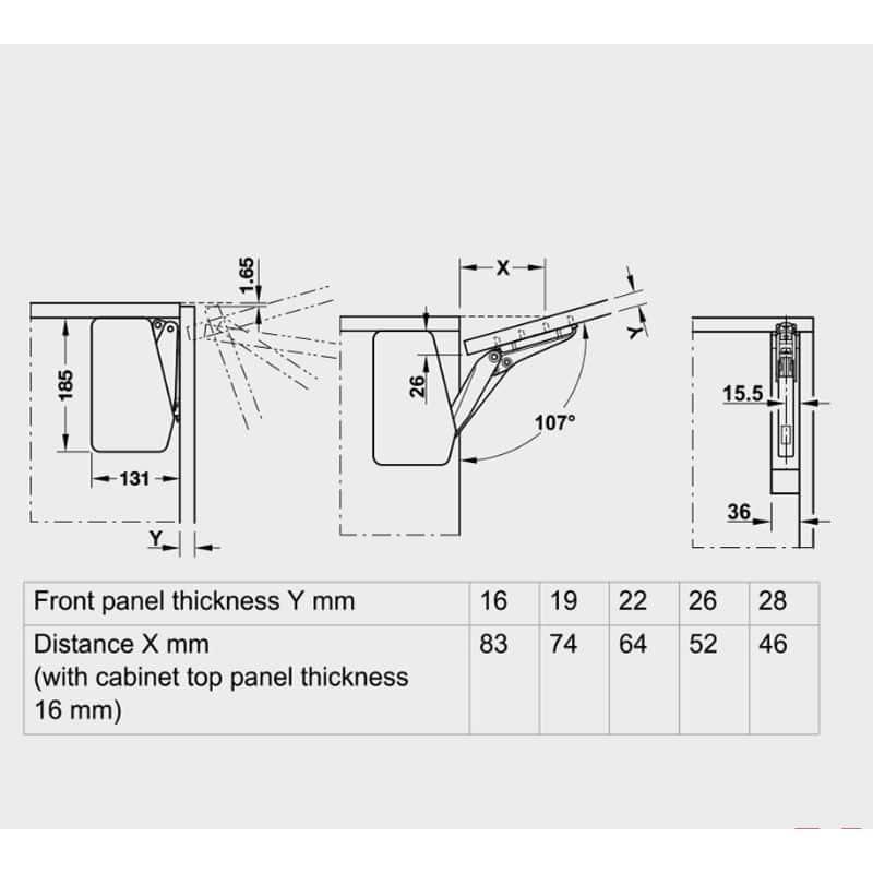 Kích thước bộ tay nâng FREE FLAP 3.15 Hafele 493.05.861 nắp xám Kích thước bộ tay nâng FREE FLAP 3.15 Hafele 493.05.861 nắp xám
