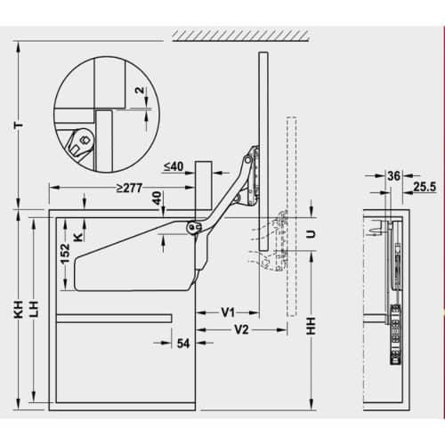 Kích thước bộ tay nâng FREE UP Hafele 493.05.791 nắp trắng