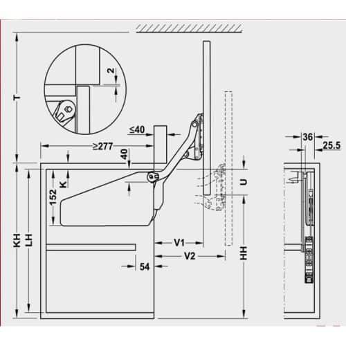 Bộ tay nâng FREE UP Hafele 493.05.792 nắp trắng 6 Kích thước bộ tay nâng FREE UP Hafele 493.05.792 nắp trắng