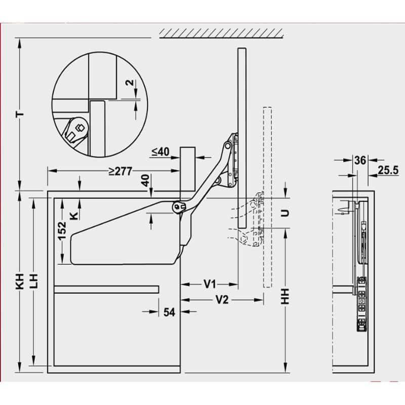 Kích thước bộ tay nâng FREE UP Hafele 493.05.792 nắp trắng Kích thước bộ tay nâng FREE UP Hafele 493.05.792 nắp trắng