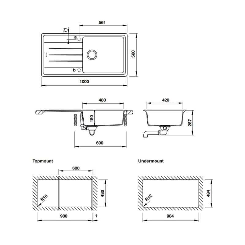 Kích thước Chậu rửa bát đá Hafele Antonius HS-GSD10050 570.32.830 Chậu rửa bát đá Hafele Antonius HS-GSD10050 570.32.830