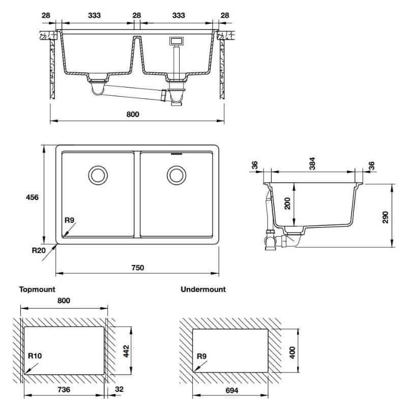Kích thước Chậu rửa bát đá Hafele HS20-GEN2S80 570.30.310 Chậu rửa bát đá Hafele HS20-GEN2S80 570.30.310