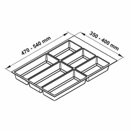 Khay chia đa năng đựng dao kéo thìa nĩa Hafele 556.52.743 3 Kích thước khay chia đa năng đựng dao kéo thìa nĩa Hafele 556.52.743