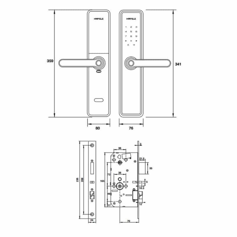 Kích thước Khóa điện tử Hafele DL7602 912.20.233 Kích thước Khóa điện tử Hafele DL7602 912.20.233