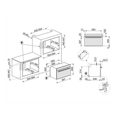 Kích thước lò nướng âm tủ Hafele Smeg SF4604WMCNR 536.64.861