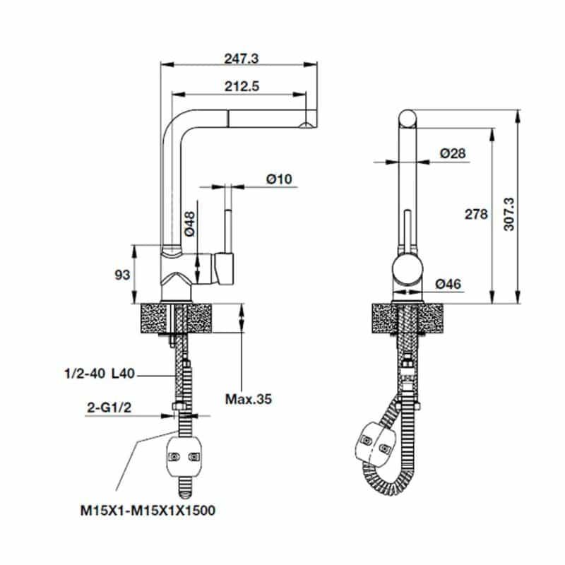 Kích thước Vòi rửa bát đá Hafele HT19-GH1P278 570.51.580 Vòi rửa bát đá Hafele HT19-GH1P278 570.51.580