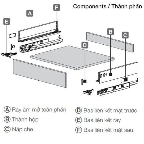 Ray hộp Hafele 552.55.716 Alto-S H80 mm màu trắng mờ 7 Cấu tạo ray hộp Hafele 552.55.716 Alto-S H80 mm màu trắng mờ