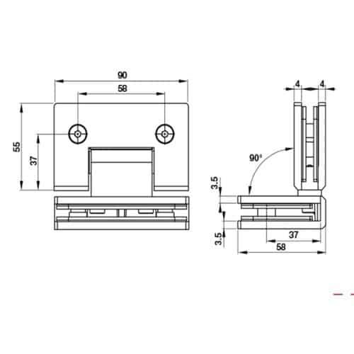 Kích thước bản lề kính 90 độ Bauma 981.77.951