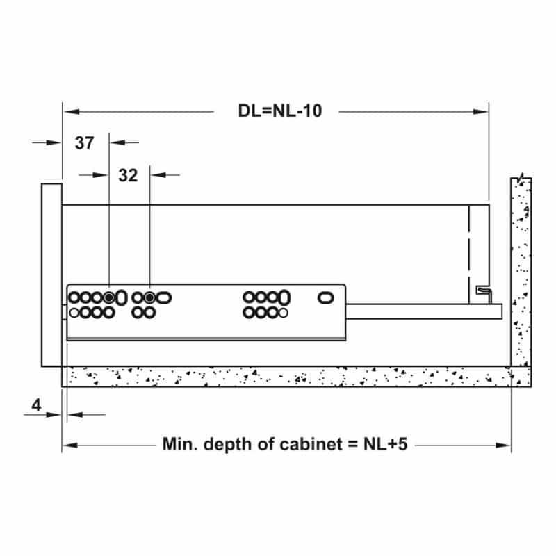 Kích thước ray âm giảm chấn EPC EVO mở 3/4 400mm Hafele 433.32.503 Kích thước ray âm giảm chấn EPC EVO mở 3/4 400mm Hafele 433.32.503