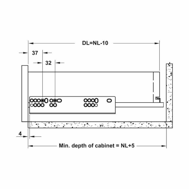Kích thước ray âm giảm chấn EPC EVO mở 3/4 450mm Hafele 433.32.504 Kích thước ray âm giảm chấn EPC EVO mở 3/4 450mm Hafele 433.32.504