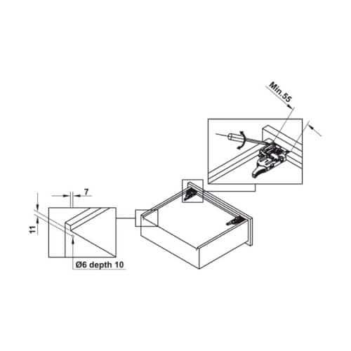Kích thước ray âm giảm chấn EPC EVO mở 3/4 550mm Hafele 433.32.506