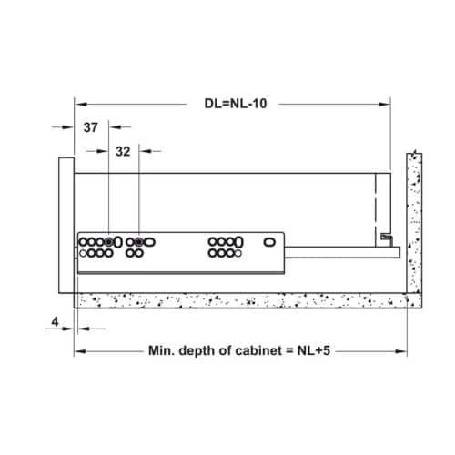 Kích thước ray âm giảm chấn EPC EVO mở 3/4 550mm Hafele 433.32.506