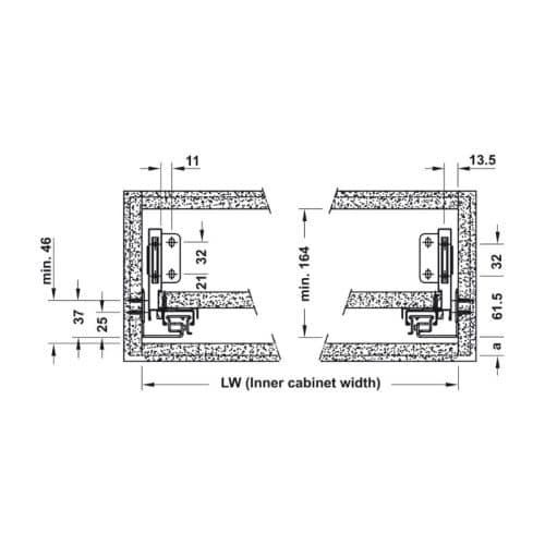 Ray hộp Alto-S chiều cao 120mm Hafele 552.35.375 5 Kích thước ray hộp Alto-S chiều cao 120mm Hafele 552.35.375