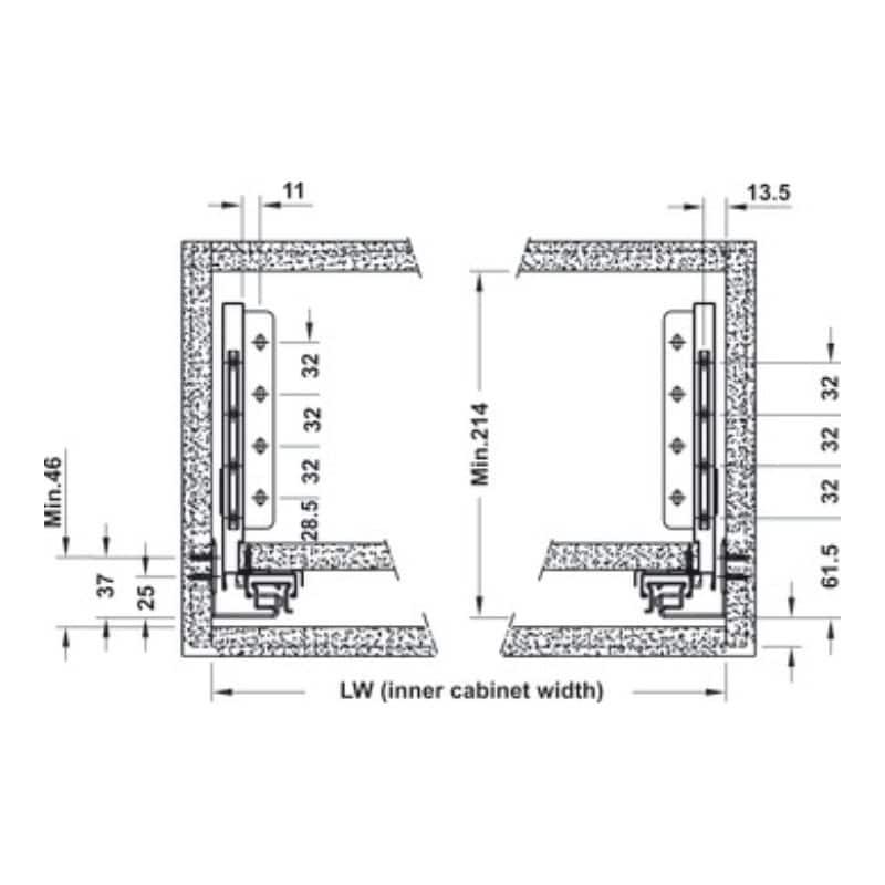 Kích thước ray hộp Alto-S chiều cao 170mm Hafele 552.35.785 Kích thước ray hộp Alto-S chiều cao 170mm Hafele 552.35.785