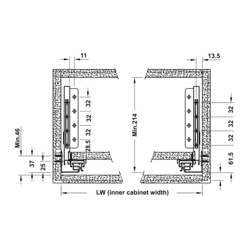 Kích thước ray hộp Alto-S chiều cao 170mm với thanh vuông Hafele 552.55.725 Kích thước ray hộp Alto-S chiều cao 170mm với thanh vuông Hafele 552.55.725