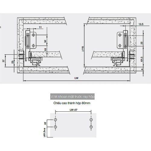 Ray hộp Hafele 552.55.716 Alto-S H80 mm màu trắng mờ 8 Kích thước ray hộp Hafele 552.55.716 Alto-S H80 mm màu trắng mờ
