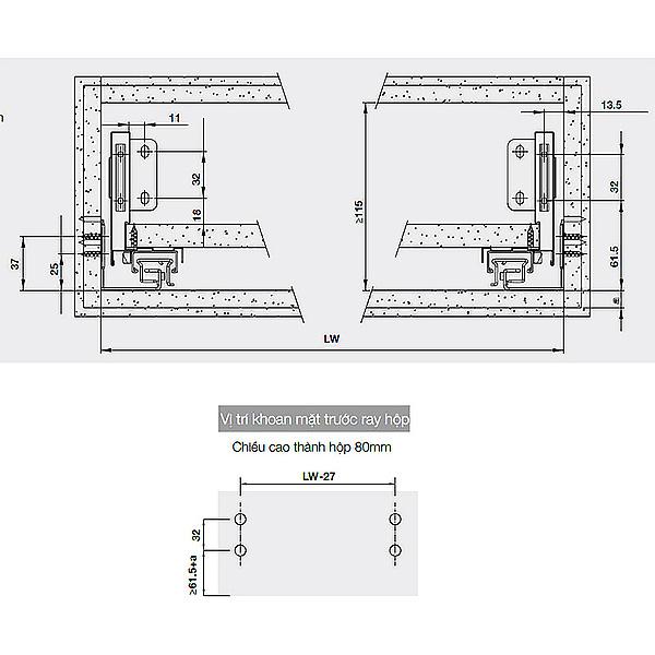 Kích thước ray hộp Hafele 552.55.716 Alto-S H80 mm màu trắng mờ Kích thước ray hộp Hafele 552.55.716 Alto-S H80 mm màu trắng mờ
