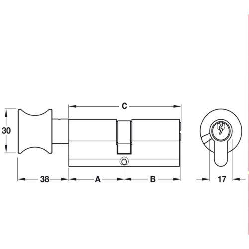Kích thước ruột khóa 1 đầu chìa, 1 đầu vặn Hafele 916.96.305, 60mm Đồng thau