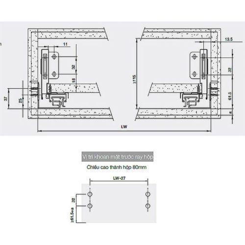 Ray hộp Hafele 552.55.716 Alto-S H80 mm màu trắng mờ 6 Lắp đặt ray hộp Hafele 552.55.716 Alto-S H80 mm màu trắng mờ