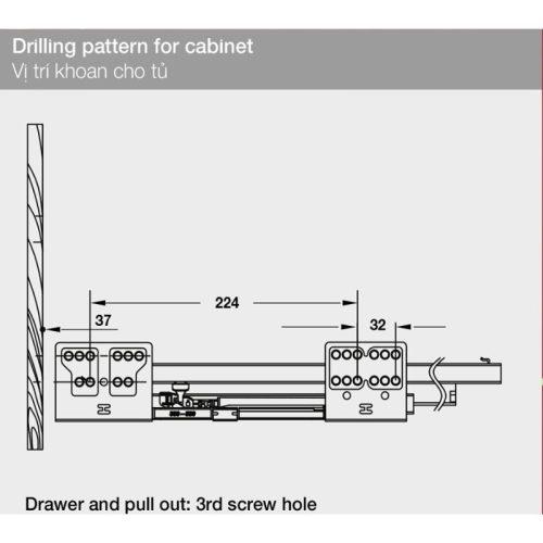 Ray hộp Hafele 552.75.005 Alto màu xám, H84X500MM 8 Vị trí khoan ray hộp Hafele 552.75.005 Alto màu xám, H84X500MM