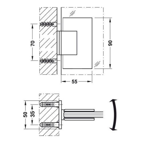 Kích thước bản lề kính tường 90º Hafele 981.00.503