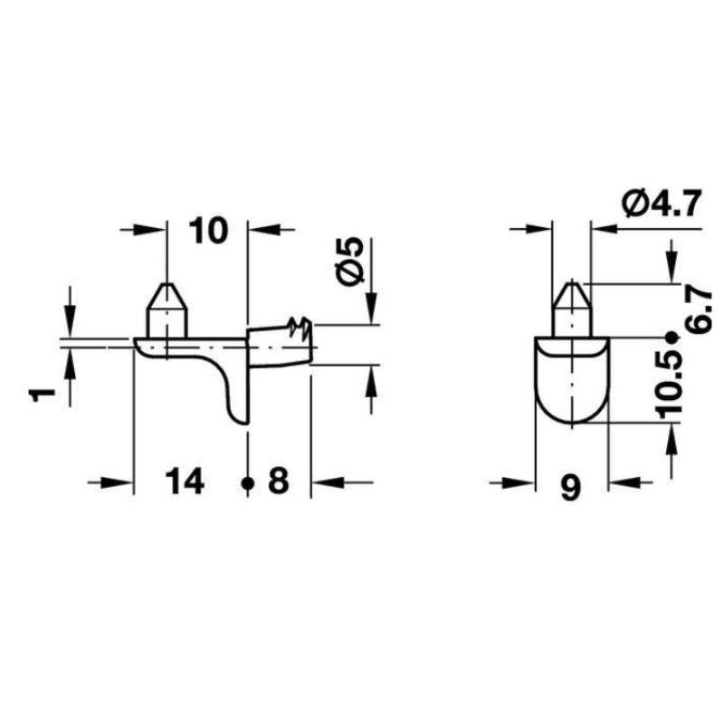 Kích thước bas đỡ kệ cho lỗ khoan Ø5mm Hafele 282.24.720 Kích thước bas đỡ kệ cho lỗ khoan Ø5mm Hafele 282.24.720