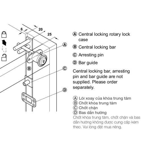 Kích thước bộ khóa trung tâm Symo với then khóa Hafele 234.99.984