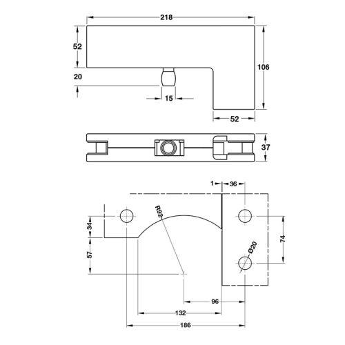 Kích thước Kẹp kính chữ L inox mờ Hafele 981.50.040