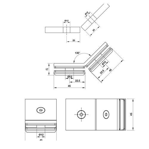 Kích thước kẹp kính - kính 135º màu đen Hafele 981.77.915