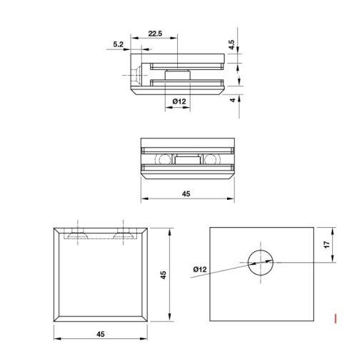 Kích thước kẹp kính tường 90º màu đen Hafele 981.77.919
