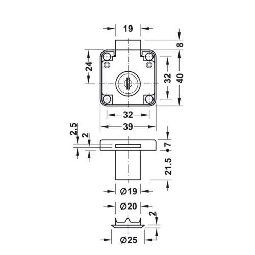 Kích thước khóa vuông Econo cửa dày 22mm Hafele 232.01.220