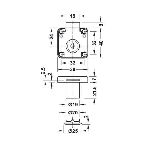 Kích thước khóa vuông Econo cửa dày 30mm Hafele 232.01.230