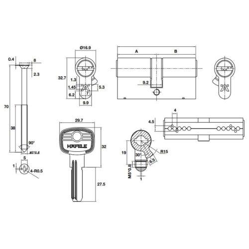 Kích thước ruột khóa 2 đầu chìa 65mm Hafele DIY 489.56.002