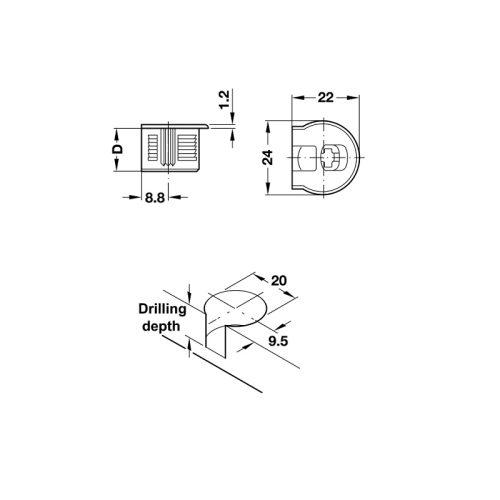 Kích thước Thân ốc liên kết cho gỗ dày từ 19mm Hafele 263.14.405