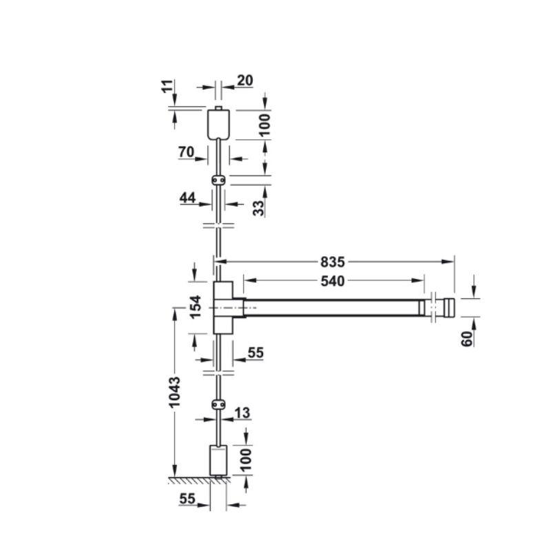 Kích thước thanh thoát hiểm với thanh chốt dọc Hafele 911.56.035 Kích thước thanh thoát hiểm Hafele 911.56.035