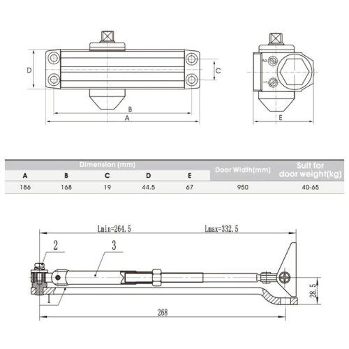 Thiết bị đóng cửa tự động 60Kg EN3 Hafele 489.30.011 4 Kích thước thiết bị đóng cửa tự động 60Kg EN3 Hafele 489.30.011