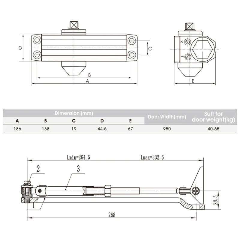 Kích thước thiết bị đóng cửa tự động 60Kg EN3 Hafele 489.30.011 Kích thước thiết bị đóng cửa tự động 60Kg EN3 Hafele 489.30.011