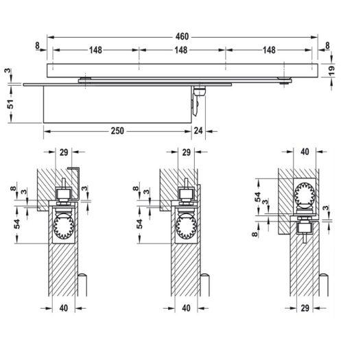 Thiết bị đóng cửa tự động lắp âm 150Kg Hafele 931.84.389 3 Kích thước thiết bị đóng cửa tự động lắp âm 150Kg Hafele 931.84.389
