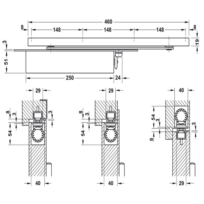 Kích thước thiết bị đóng cửa tự động lắp âm 150Kg Hafele 931.84.389 Kích thước thiết bị đóng cửa tự động lắp âm 150Kg Hafele 931.84.389
