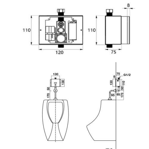 Kích thước van cảm ứng bồn tiểu nam Hafele 588.78.500
