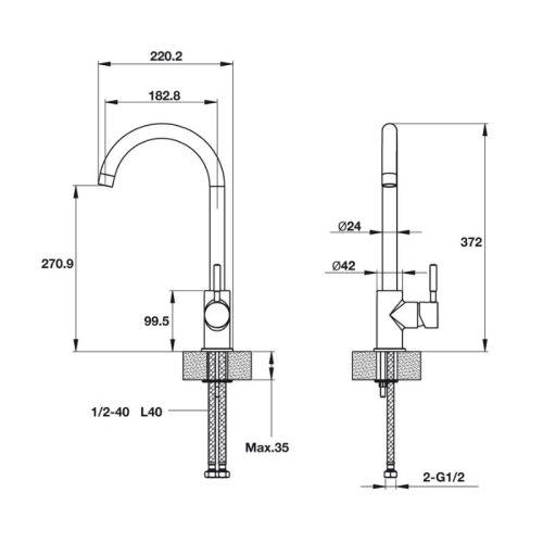Vòi rửa bát HT19-GH1F270 Hafele 570.51.390 3 Kích thước vòi rửa bát HT19-GH1F270 Hafele 570.51.390