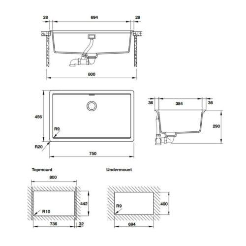 Kích thước chậu rửa bát đá 1 hố Hafele HS20-GEN1S80 570.30.800 màu kem