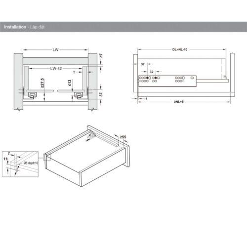 Ray âm EPC Evo 450mm giảm chấn Hafele 433.32.074 3 Thông số ray âm EPC Evo 450mm giảm chấn Hafele 433.32.074